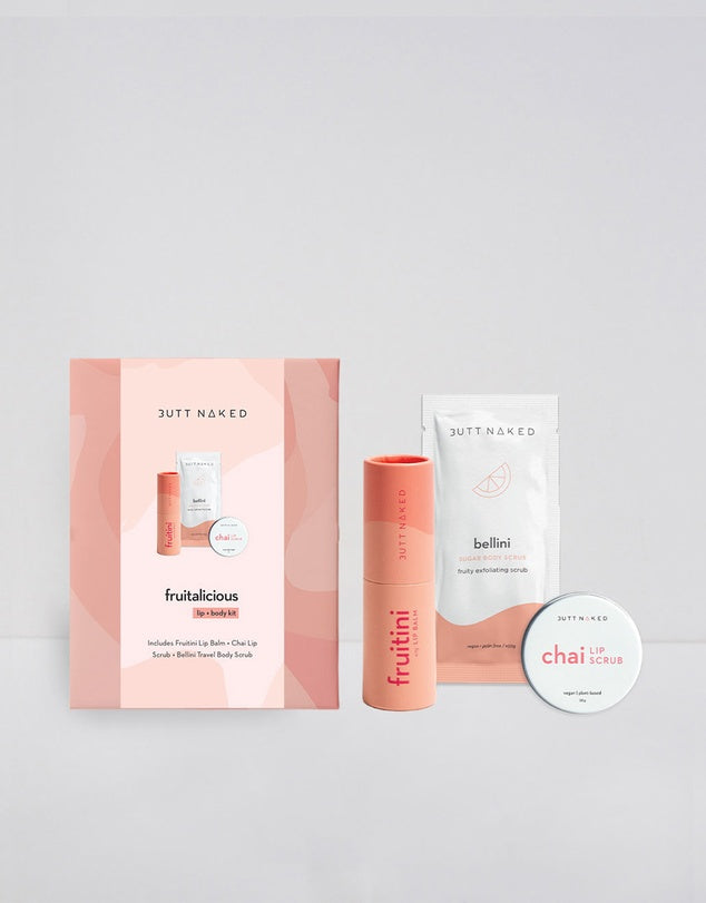 Butt Naked Fruitalicious Skin Kit – Bellini Body Scrub, Fruitini Lip Balm and Chai Lip Scrub gift set