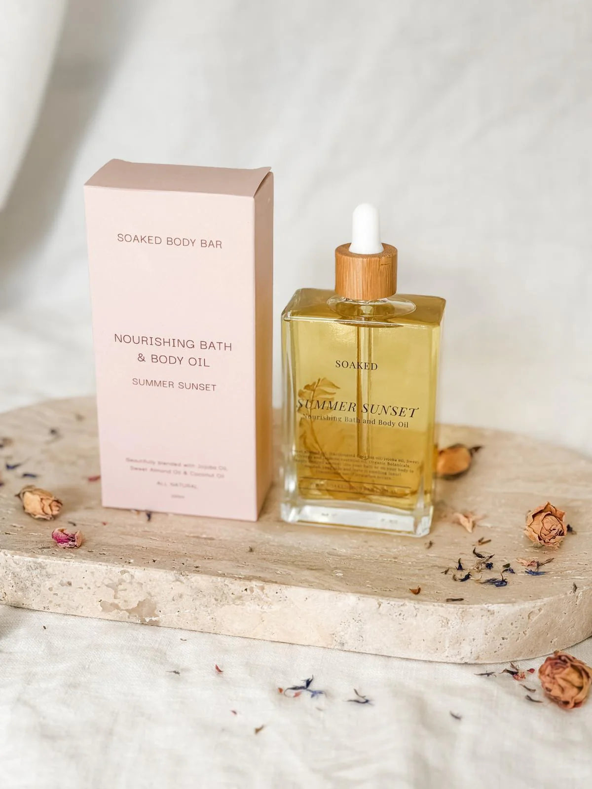 Soaked Body Bar Summer Sunset Nourishing Bath and Body Oil 100ml with bamboo dropper lid and pink gift box